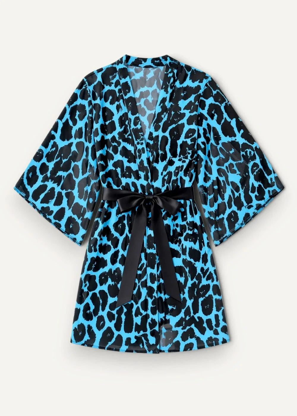 Short kimono robe in vibrant turquoise and black leopard-print satin with a black sash tied at the waist
