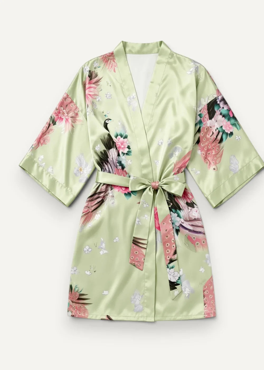 Light green short satin robe with floral and peacock pattern featuring pink blossoms white butterflies and feathers