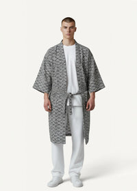 Gray patterned short yukata with repeating wave design made of soft fabric in kimono-style robe cut