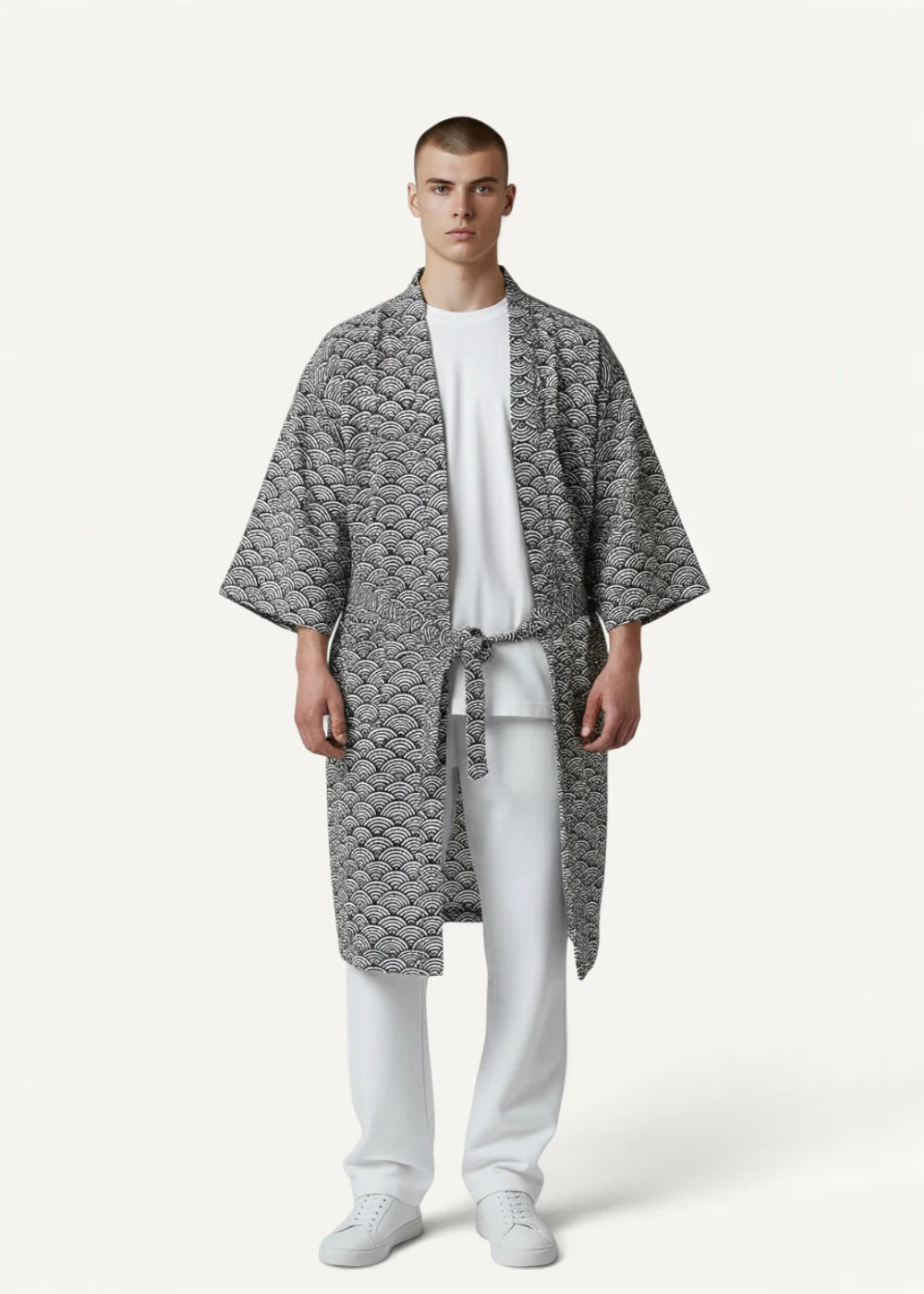 Gray patterned short yukata with repeating wave design made of soft fabric in kimono-style robe cut