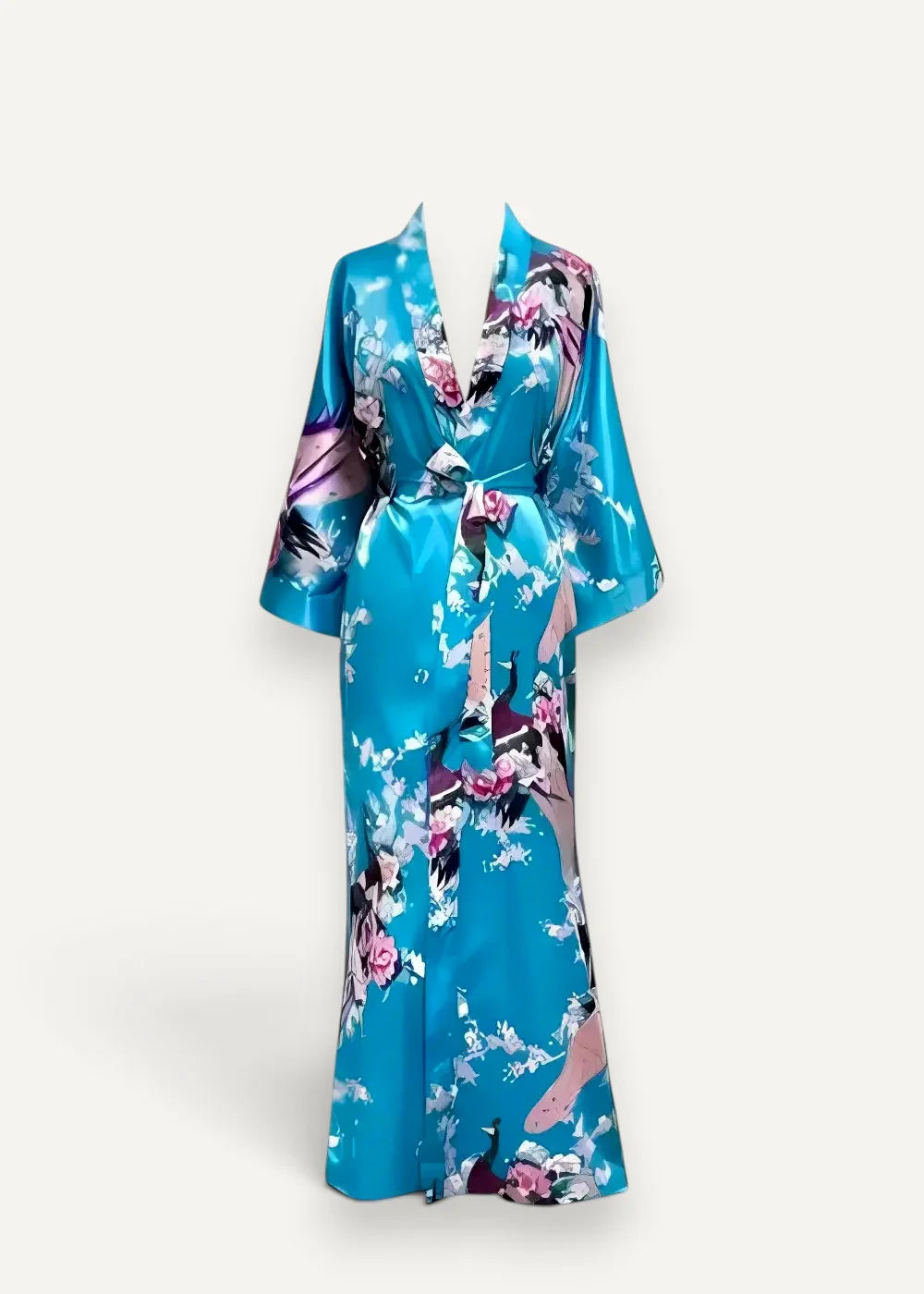 A vibrant turquoise silk bath robe with delicate pink purple and black floral and peacock patterns