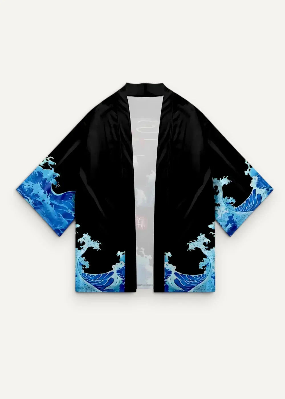 Silk haori black kimono jacket with vibrant blue ocean wave patterns on sleeves and hem in glossy fabric finish