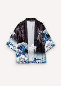 Silk haori black kimono-style jacket with vibrant blue and white wave pattern featuring fish motifs inspired by Hokusai