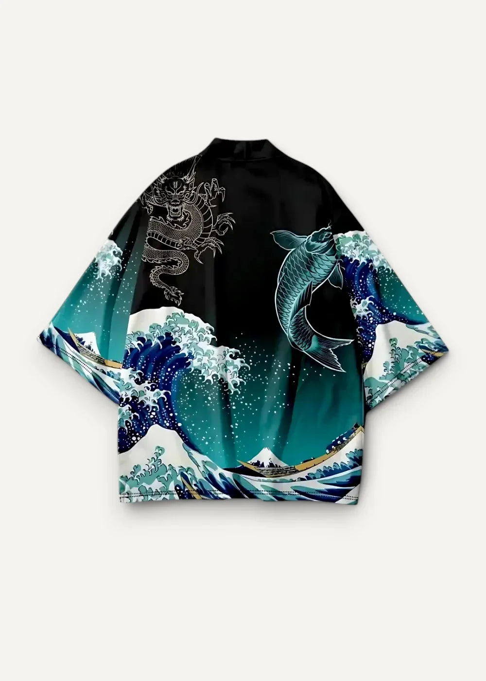 Black silk haori kimono jacket with vibrant teal ocean waves silver dragon and leaping fish on the back
