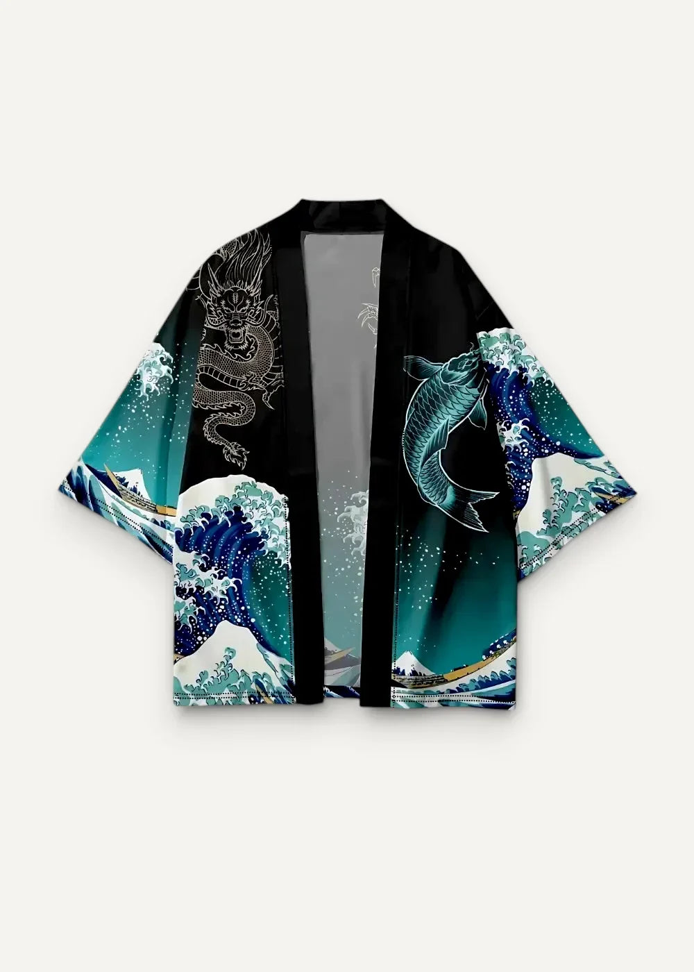 Silk haori black kimono with vibrant teal and white wave patterns silver dragon on left sleeve and fish design on right