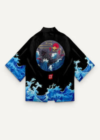 Black satin silk haori kimono jacket with vibrant blue wave pattern and central koi fish under red sun design