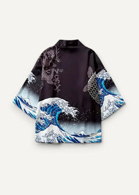 Black satin silk haori kimono with vibrant blue white hokusai wave design detailed fish and dragon motifs back view