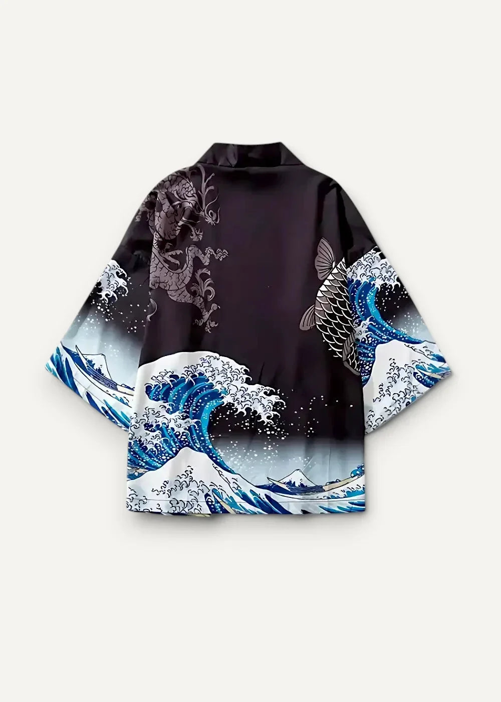 Black satin silk haori kimono with vibrant blue white hokusai wave design detailed fish and dragon motifs back view