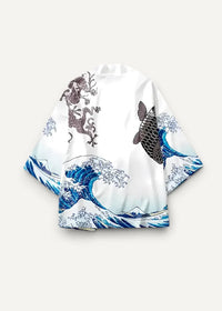 White silk haori kimono jacket with vibrant blue wave design black koi fish and gray dragon on lightweight fabric