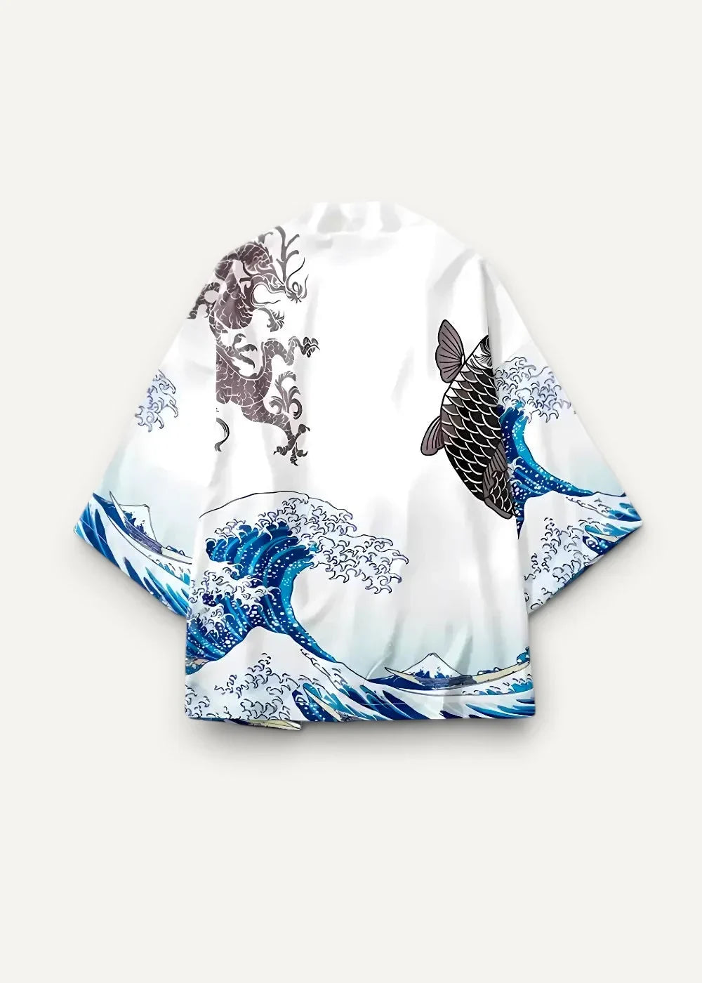 White silk haori kimono jacket with vibrant blue wave design black koi fish and gray dragon on lightweight fabric