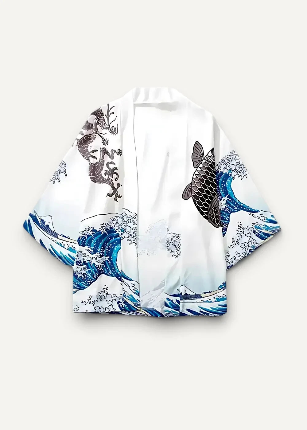White silk haori kimono jacket with blue wave pattern black koi fish and dragon motifs on smooth fabric