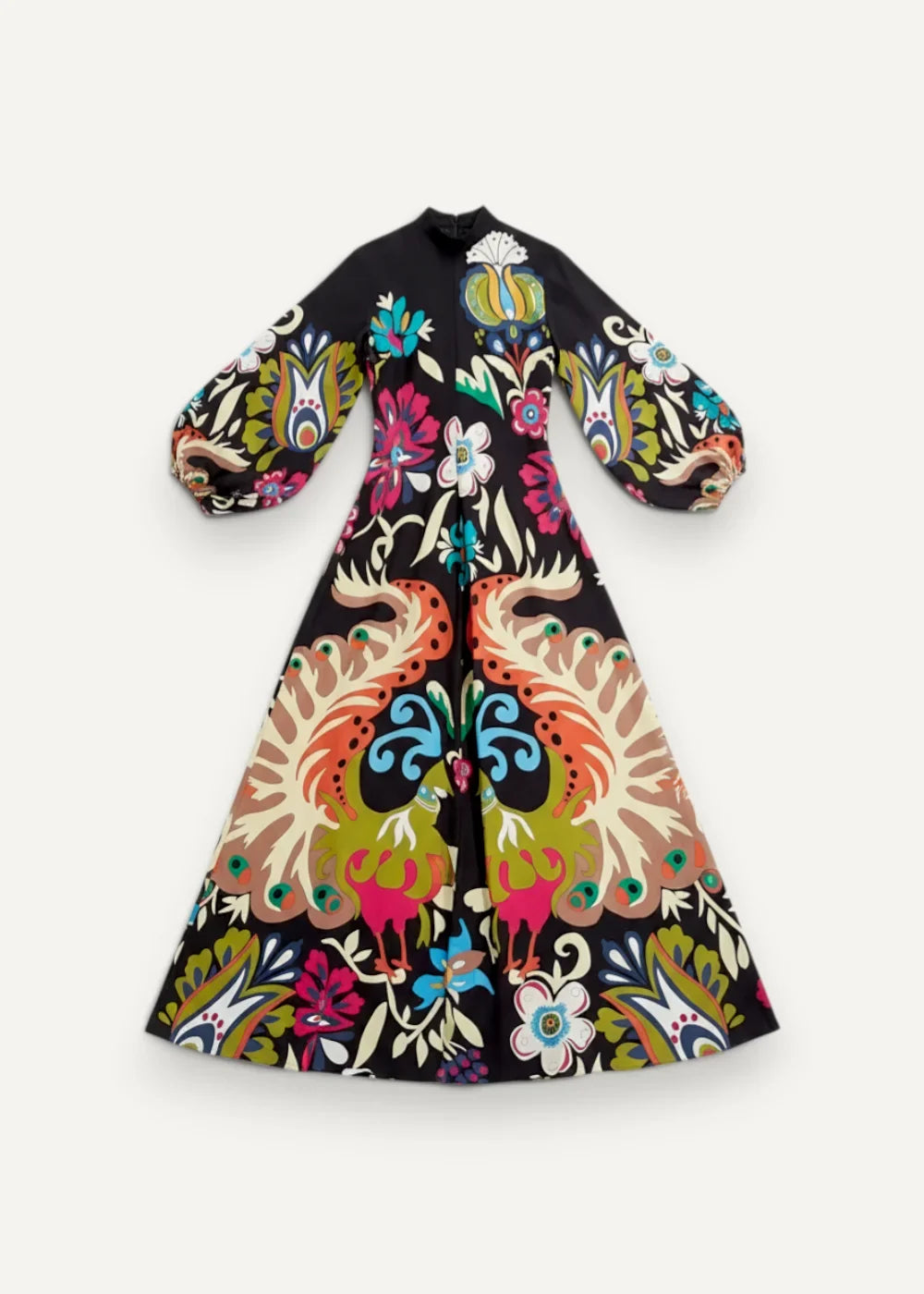 Silk kimono dress in black with long sleeves featuring a vibrant colorful pattern of stylized birds and floral motifs