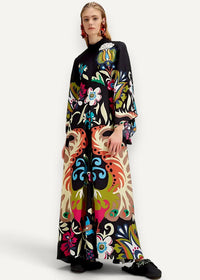 Silk kimono dress in black with vibrant colorful floral and abstract patterns in pink blue green orange and cream