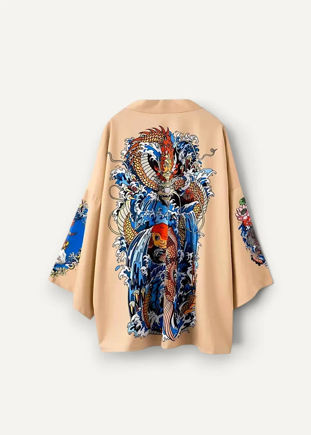 Beige silk kimono jacket with vibrant blue red and gold dragon and koi fish design on the back