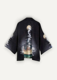 Black silk kimono jacket featuring a detailed ethereal figure with swirling clouds and glowing orbs on the back