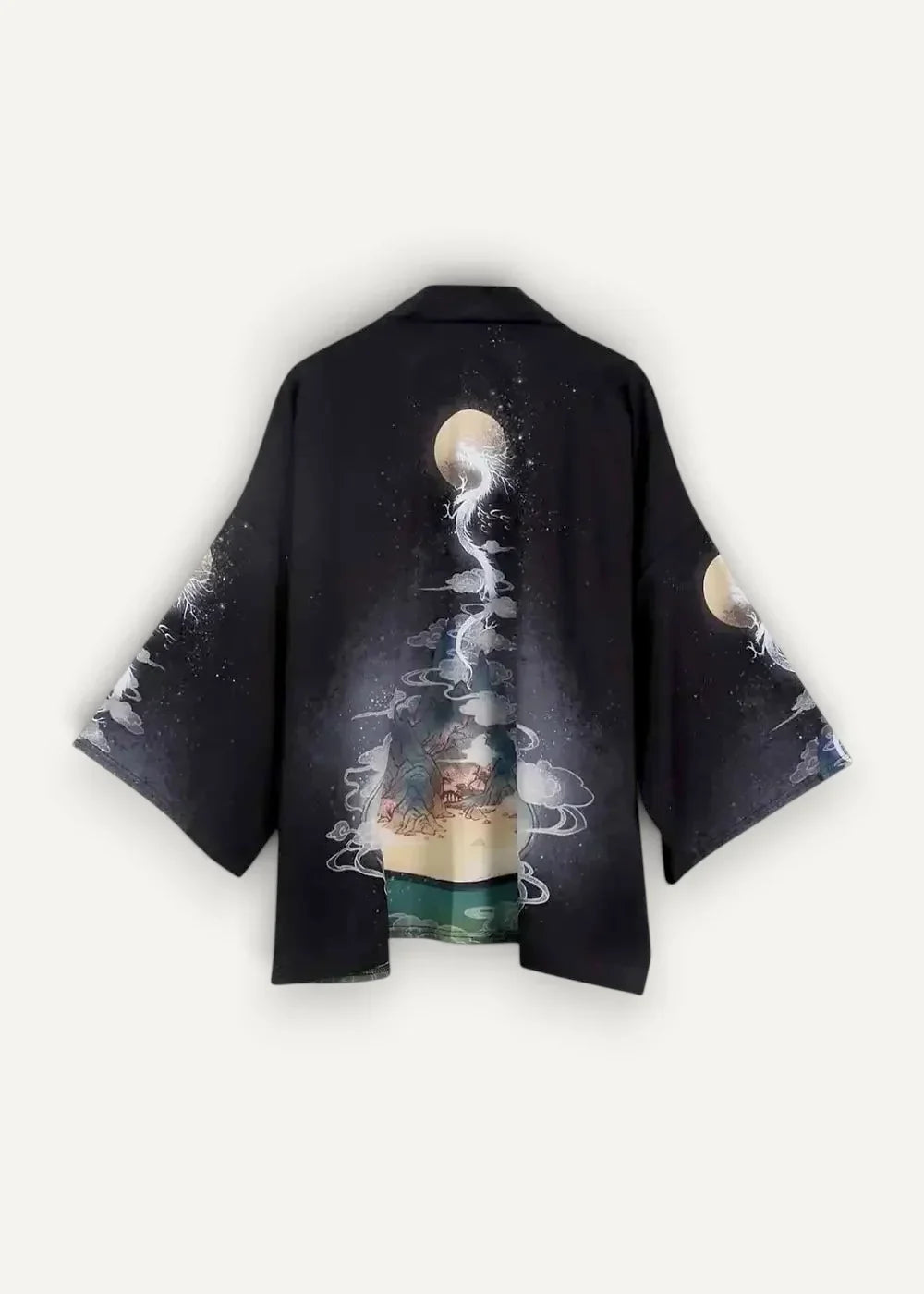 Black silk kimono jacket featuring a detailed ethereal figure with swirling clouds and glowing orbs on the back