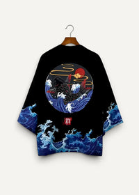 Black silk kimono jacket featuring a vibrant red and black koi fish print with stylized blue waves and a red seal emblem