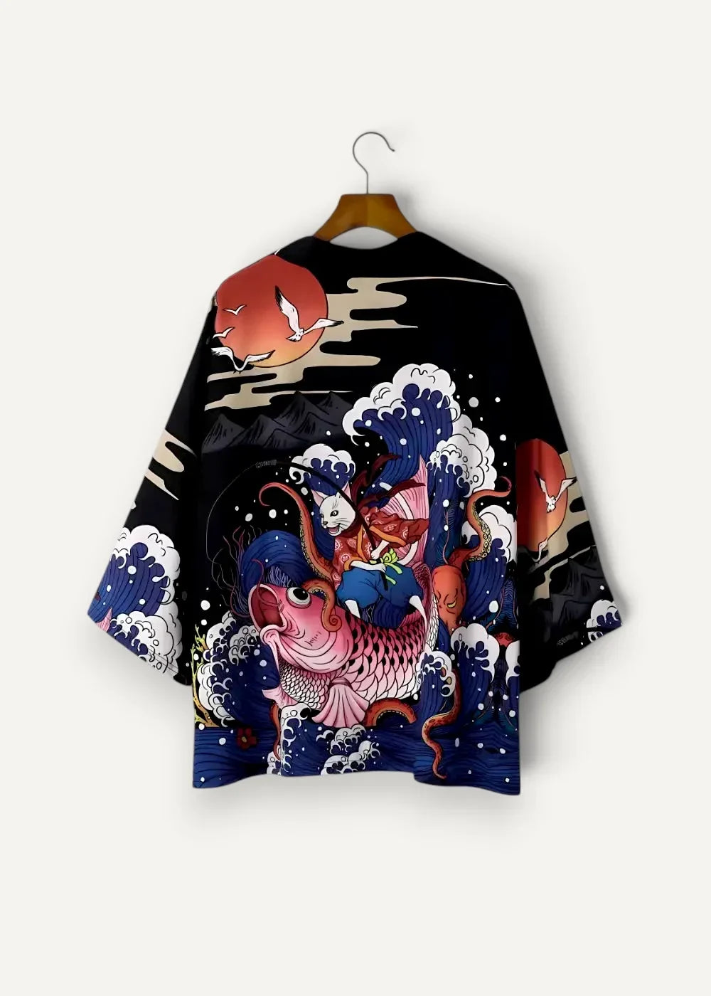 Black silk kimono jacket featuring vibrant pink koi fish artwork with blue waves and red suns on the back side