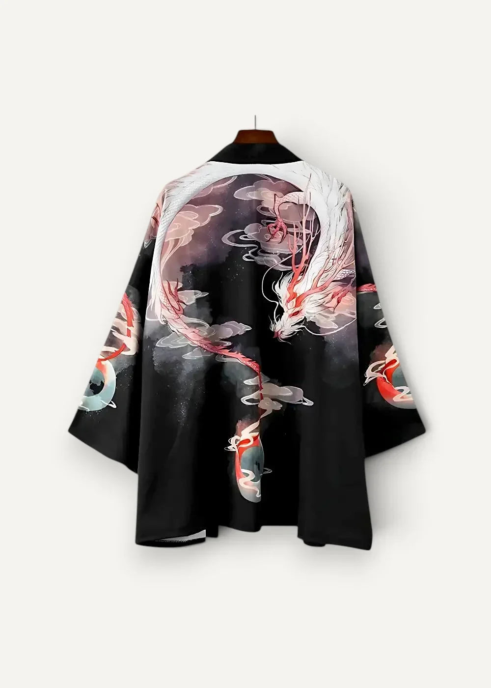 Black silk kimono jacket featuring vibrant red and white dragon print with swirling clouds design