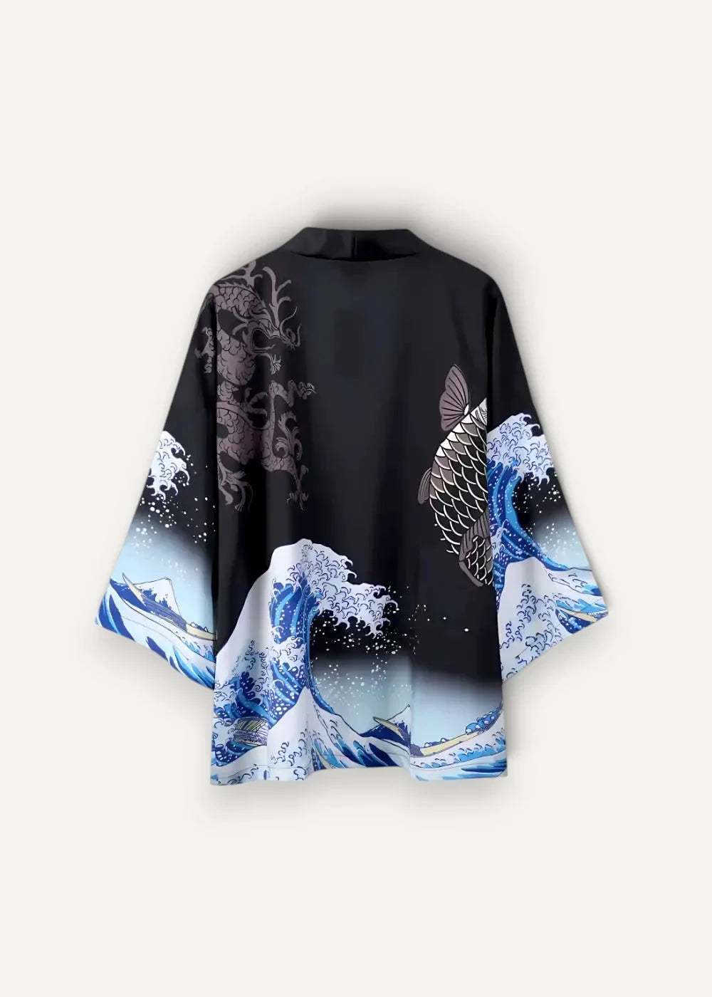 Silk kimono jacket in black with vibrant blue and white wave design featuring fish and dragon inspired by hokusai
