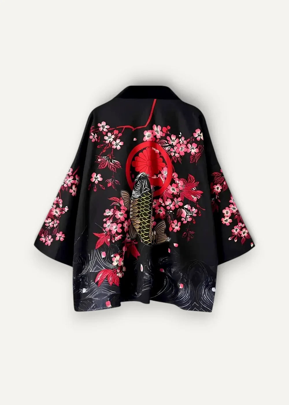Black silk kimono jacket back with vibrant pink cherry blossoms goldfish design and red circular accents