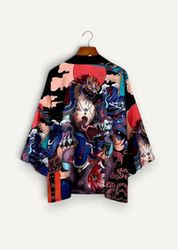 Silk kimono jacket in black with a vibrant colorful print of mythical creatures and waves in reds blues purples and pinks
