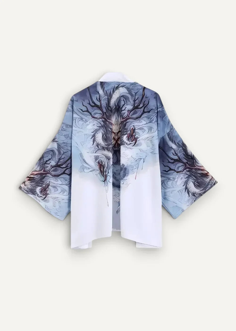 White and blue silk kimono jacket with dragon design dark branches and swirling patterns on the back side