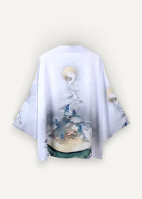 White silk kimono jacket with delicate watercolor-style landscape of mountains trees and a stylized moon