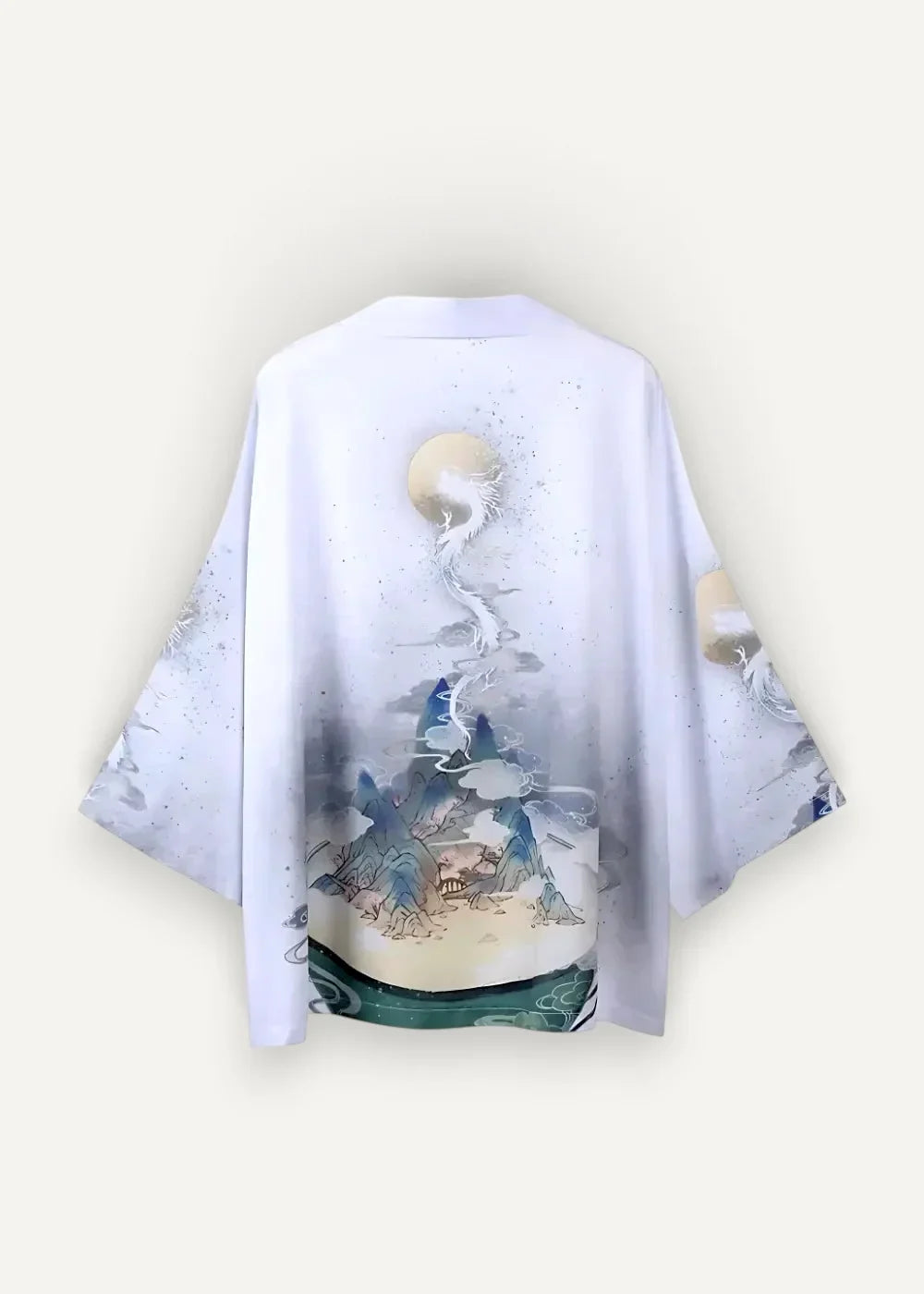 White silk kimono jacket with delicate watercolor-style landscape of mountains trees and a stylized moon
