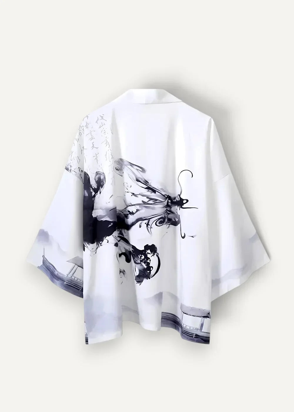 White silk kimono jacket with bold black ink wash design and traditional east asian architectural motifs