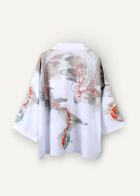 White silk kimono jacket with flowing watercolor red and gray koi fish design swimming through stylized clouds
