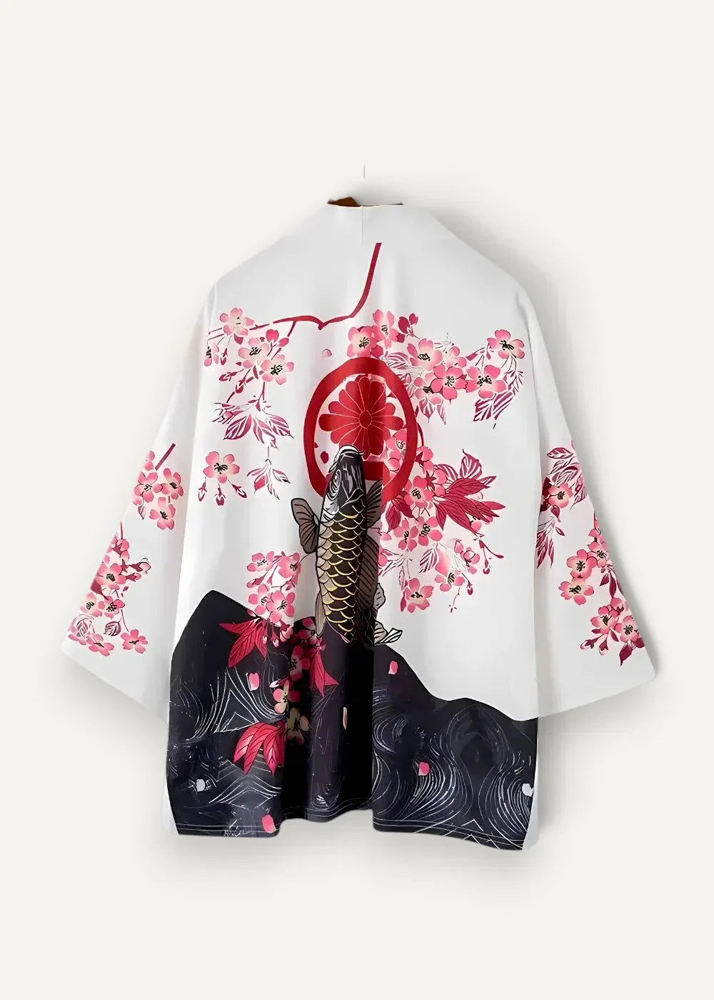 Silk kimono jacket featuring a white base with vibrant pink cherry blossoms black fish design and navy wave accents