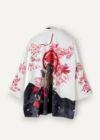 Silk kimono jacket featuring a white base with vibrant pink cherry blossoms black fish design and navy wave accents