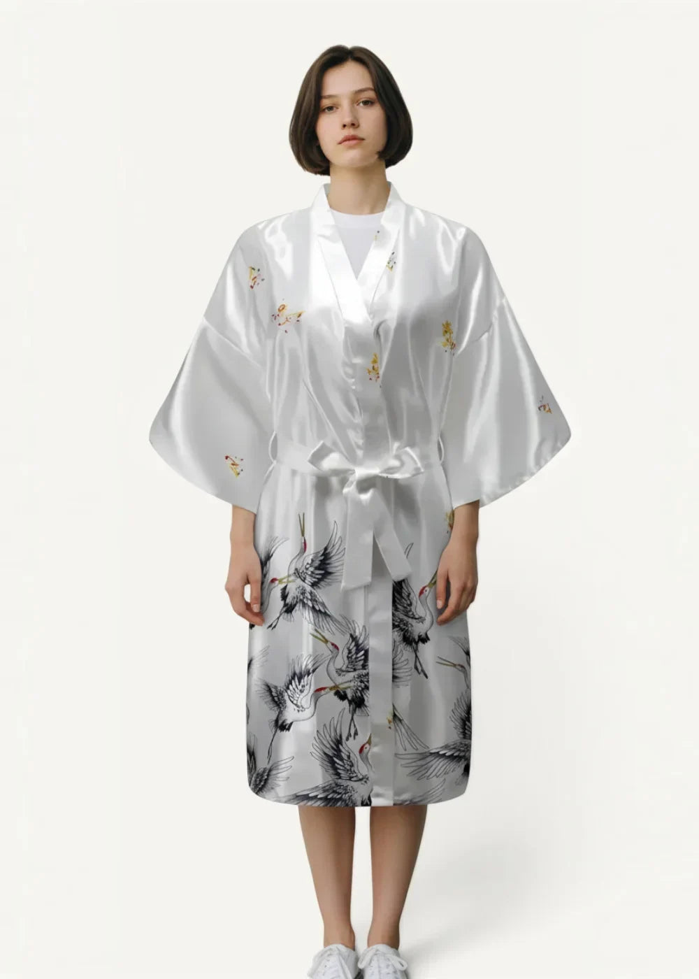 White satin silk kimono robe for women with black and gold crane embroidery on front