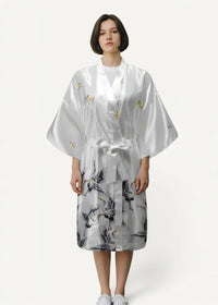 White satin silk kimono robe for women with black and gold crane embroidery on front