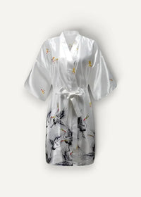 White satin silk kimono robe for women with black and yellow crane embroidery on the back