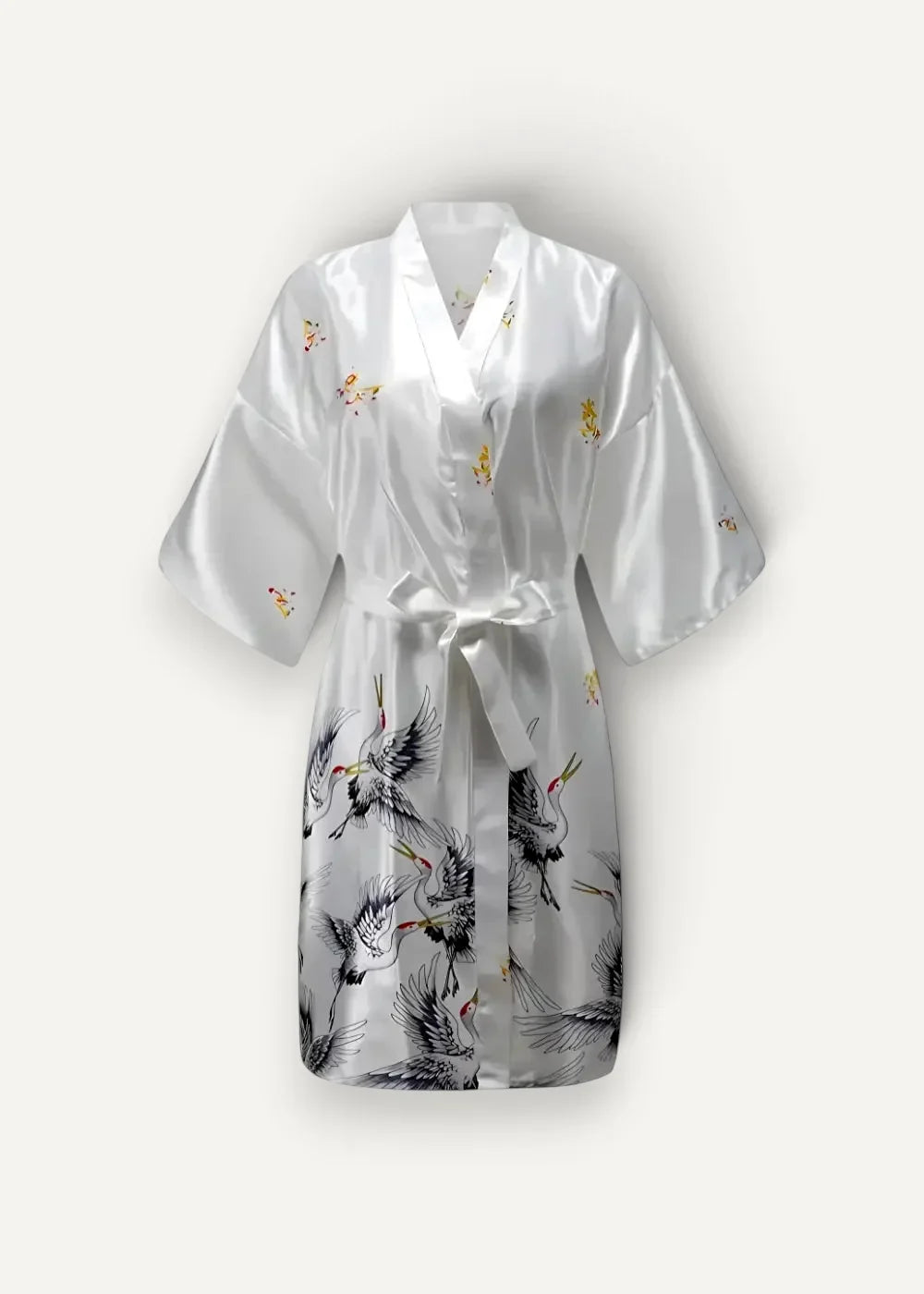 White satin silk kimono robe for women with black and yellow crane embroidery on the back