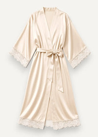A soft beige satin silk lace robe with delicate white lace trim on cuffs hem and waistband