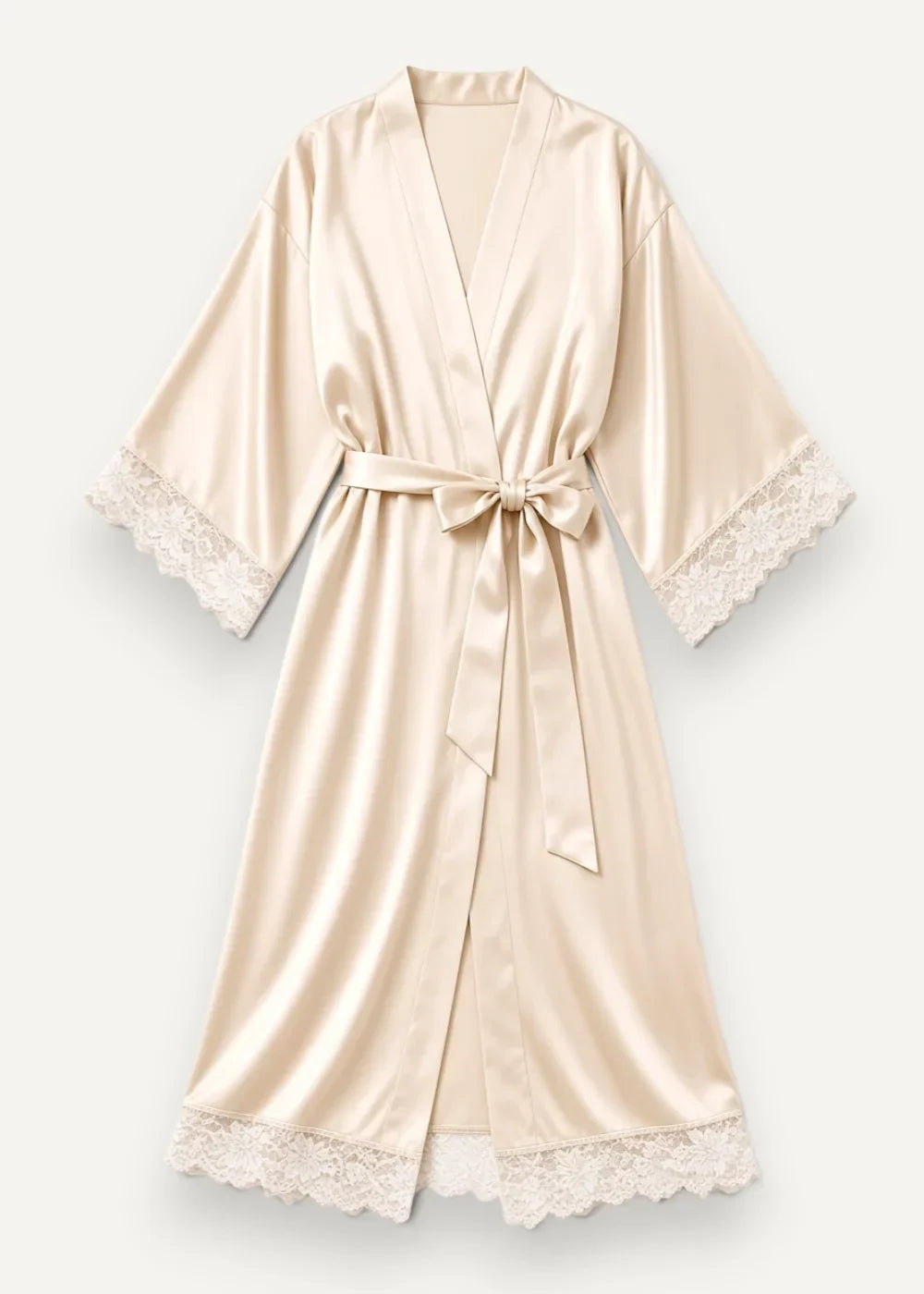 A soft beige satin silk lace robe with delicate white lace trim on cuffs hem and waistband