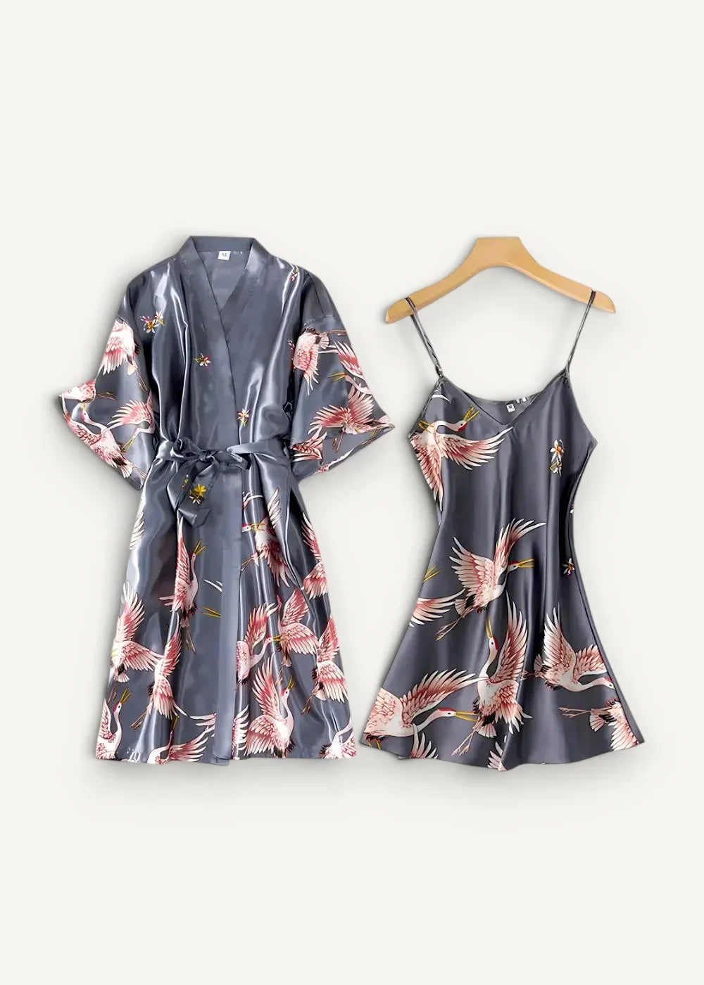 Silk nightgown and robe set featuring a gray satin robe with pink and white crane print and matching slip dress