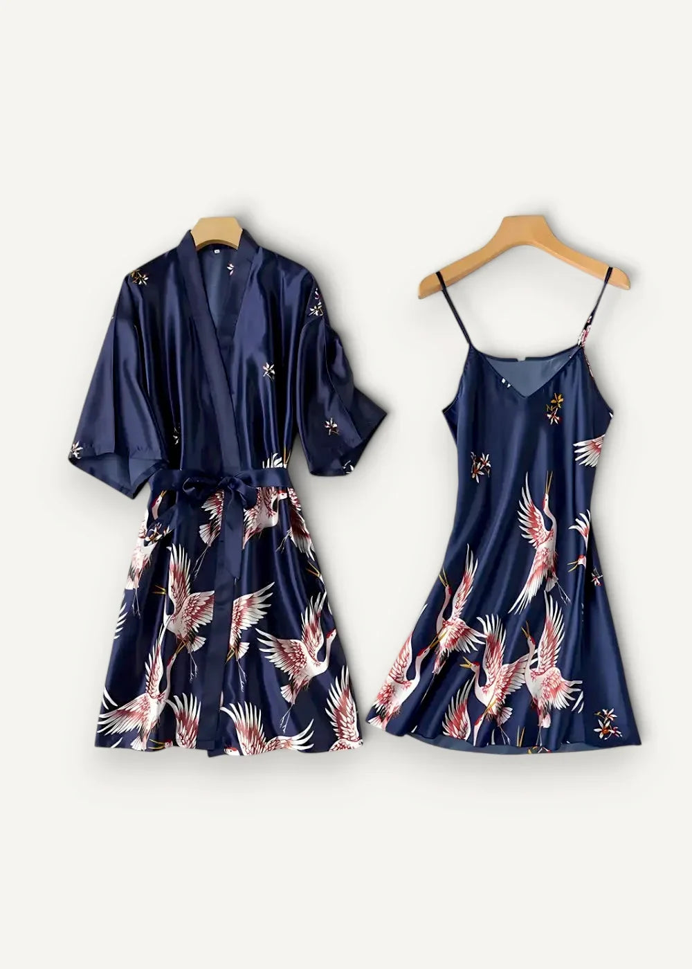 Navy blue satin silk nightgown and robe set with flowing design and embroidered white cranes in flight
