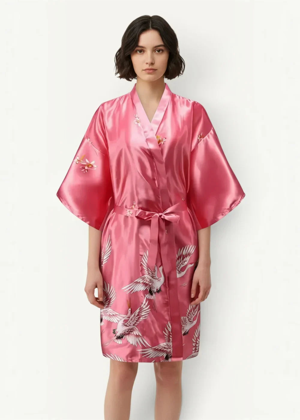 Silk robe womens short in shimmering pink satin with white and gray crane motifs and matching waist belt