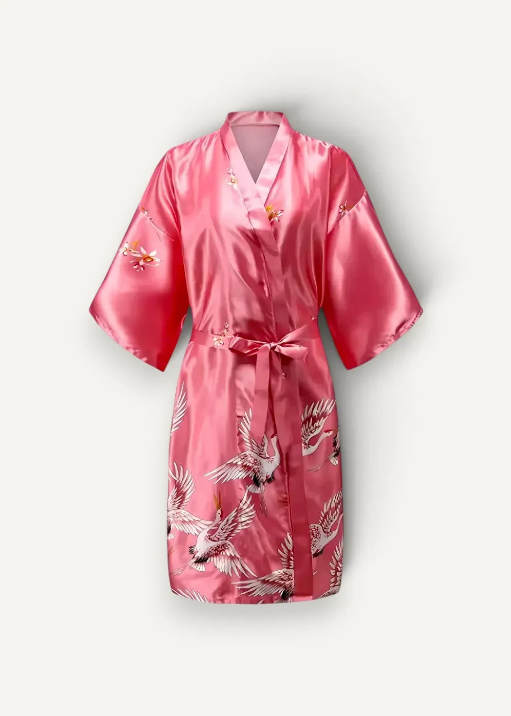 Silk robe women’s short in shimmering pink satin with white crane motifs and floral embroidery on the sleeves