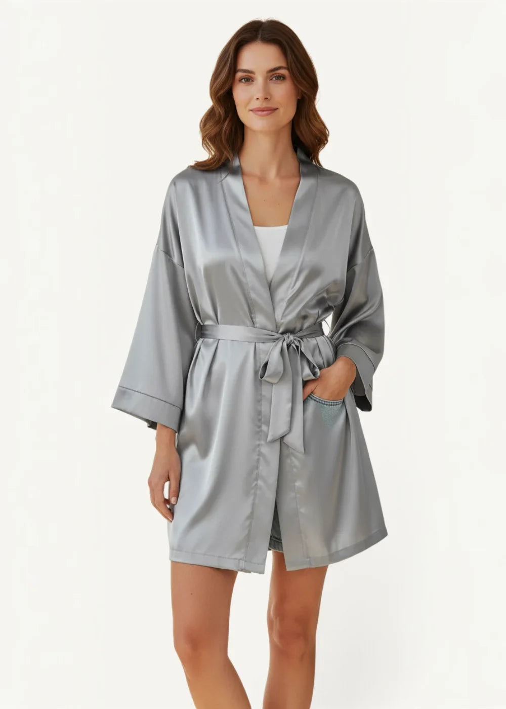 A sleek silver-gray silk satin robe with a matching belt and subtle sheen perfect for lounging or sleepwear