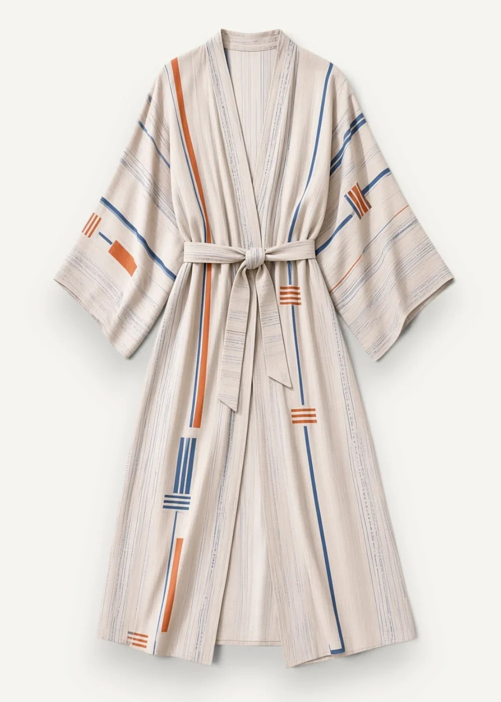 Beige striped kimono robe with orange and blue geometric stripes and matching belt tied at the waist