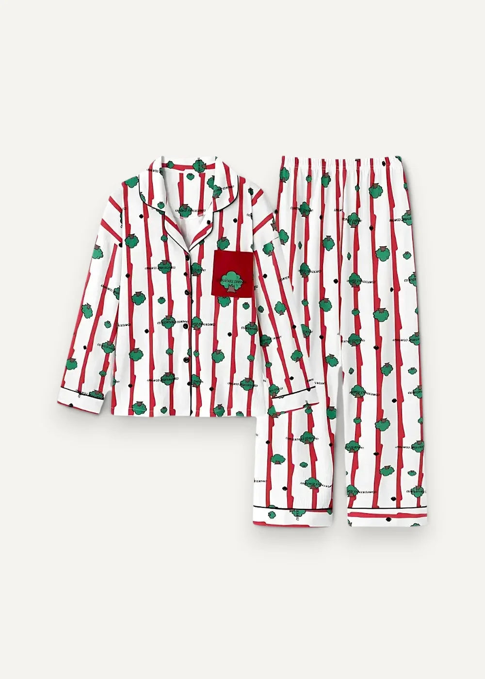 White kimono pajama set with red vertical stripes green shamrock patterns and red chest pocket patch