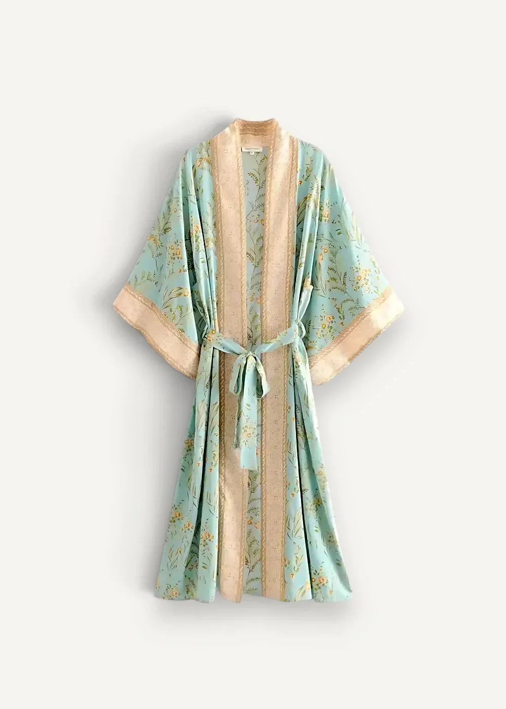 Summer beach kimono light blue floral silk robe with beige satin trim and matching belt for beachwear