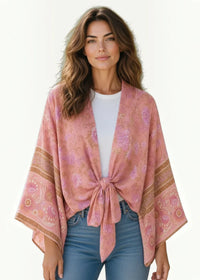 Soft pink lightweight floral kimono cardigan with gold-toned border trim perfect for summer layering