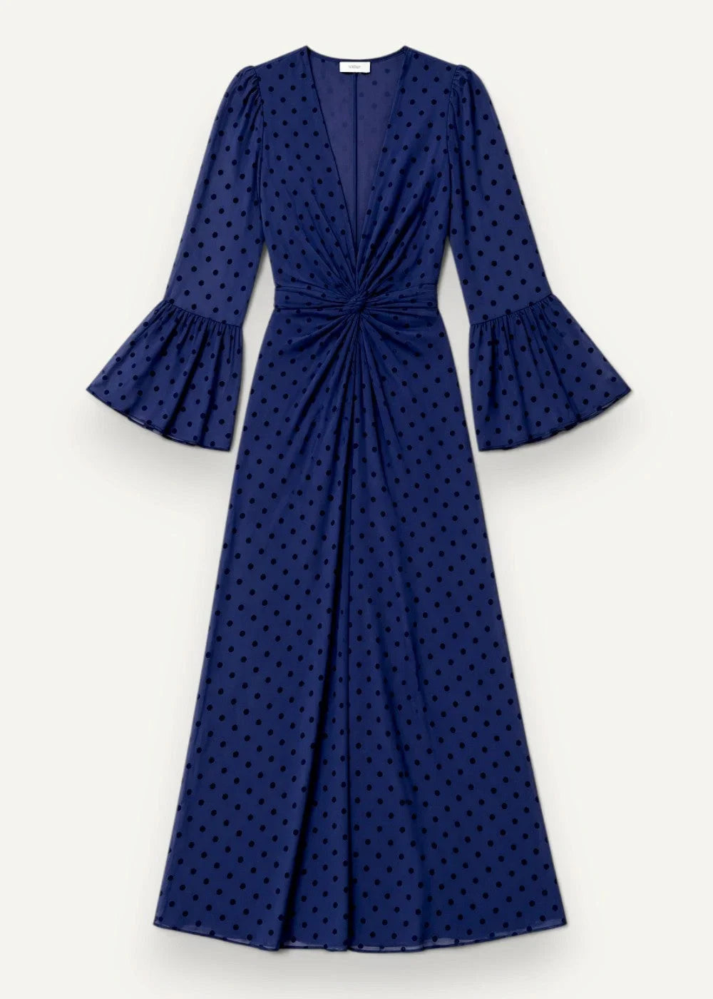 A navy blue polka dot midi dress with flared sleeves and gathered waist called summer kimono
