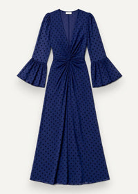A navy blue polka dot midi dress with flared sleeves and gathered waist called summer kimono
